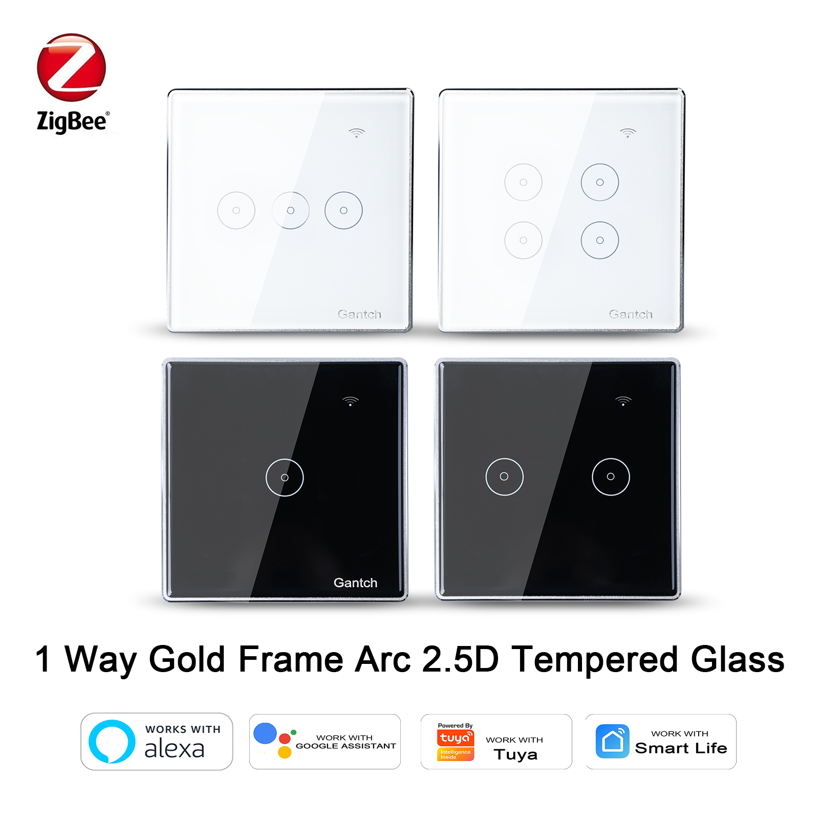  Uk Light Switches, 2.5D 1234gang Arc gold border smart touch control switch  zigbee touch switch